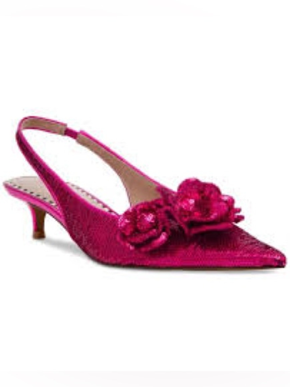AURORRA FUCHSIA Kitten Heel Pointed Toe Heels Betsey Johnson Sequin Flower Sz 7